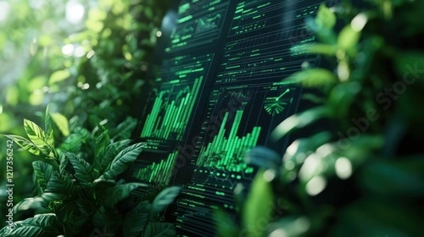 Fototapeta A digital landscape featuring vibrant green plants emerging from a dark, high-tech interface.
