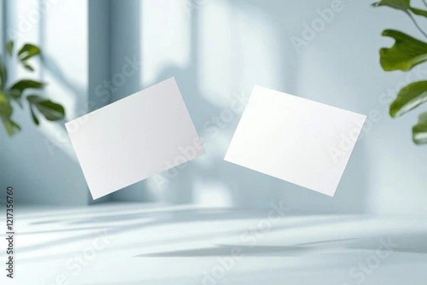 Obraz business card mockup concept. Two blank cards floating in a softly lit room with greenery, creating a minimalist and serene atmosphere.
