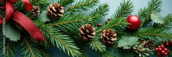 Obraz Evergreen branches intertwined with ribbon and pinecones, winter decor, evergreen wreath