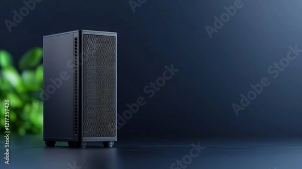 Obraz Black computer tower on table with network load balancing equipment and cables for data management setup