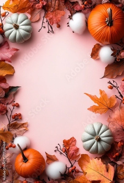 Fototapeta Vibrant Autumn Harvest Arrangement with Pumpkins, Cotton, and Colorful Leaves on a Soft Pink Background for Seasonal Celebrations and Festive Decor