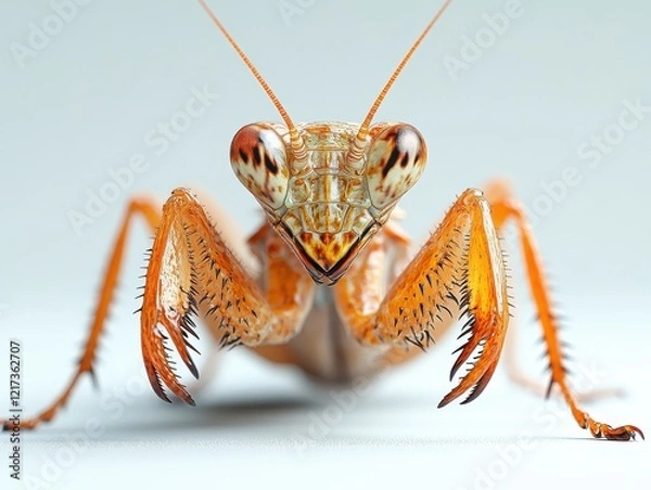 Fototapeta Close-up of a vibrant orange mantis showcasing intricate details.