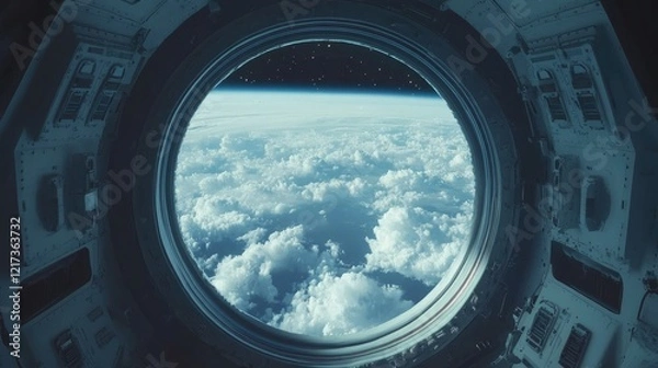 Fototapeta A futuristic spacecraft interior featuring a large window that frames a view of Earth from space.