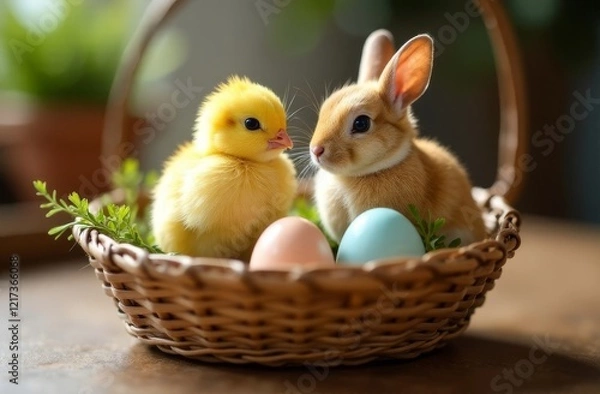 Fototapeta Easter bunny and baby bird sitting in a basket, Easter holiday