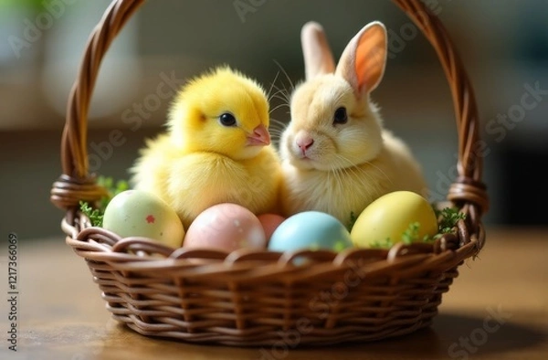 Fototapeta Easter bunny and baby bird sitting in a basket, Easter holiday
