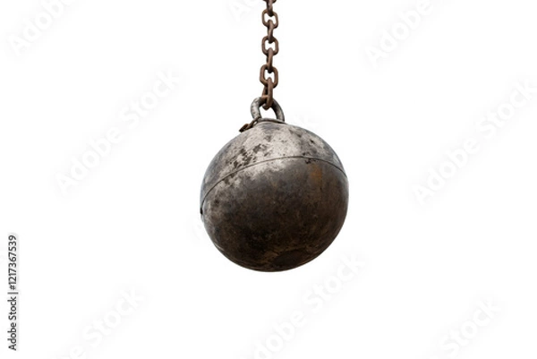 Fototapeta Weathered steel wrecking ball with visible patina. Dangling from a sturdy chain, it emphasizes power and industrial utility. Isolated on a transparent background