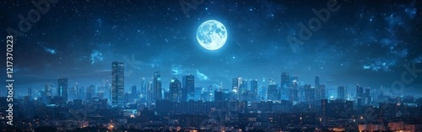 Fototapeta A stunning city skyline under a glowing full moon, surrounded by a starry sky, symbolizing beauty, calm, and urban serenity. Ideal for travel, cityscape, and night photography themes.