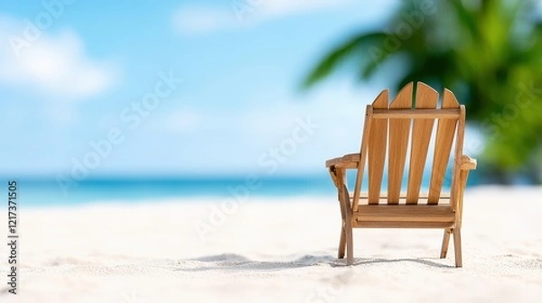 Fototapeta Wooden chair on sandy beach with palm tree and retirement savings plan concept in the background