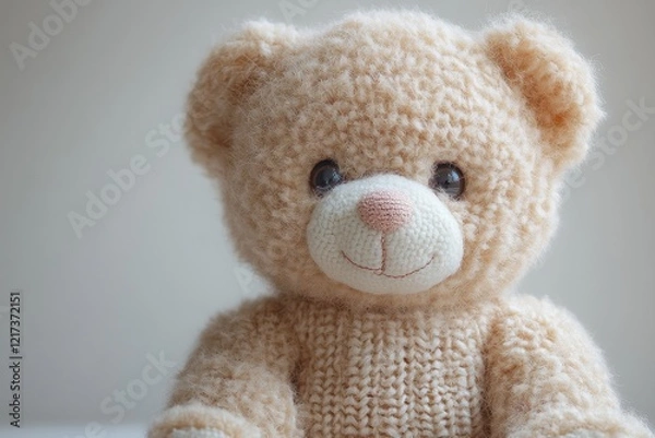 Fototapeta A cute knitted teddy bear with a friendly expression and soft texture.