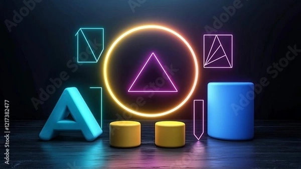 Fototapeta Business team building brainstorm goal imagine innovation Colorful geometric shapes with neon lights.