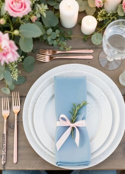 Obraz Place setting with blue napkin and pink ribbon on wooden table