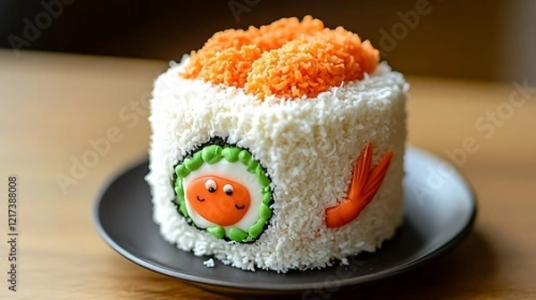 Fototapeta A cupcake styled as a playful sushi roll with frosting "fish" and coconut "rice"