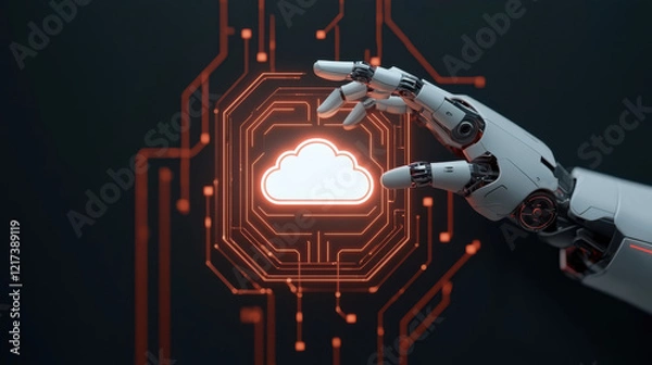 Obraz robotic hand reaching toward glowing cloud icon, symbolizing technology and innovation. intricate circuit design highlights connection between robotics and digital data