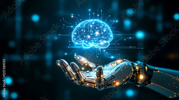 Fototapeta glowing robotic hand holding a holographic brain, representing artificial intelligence,Digital Mind