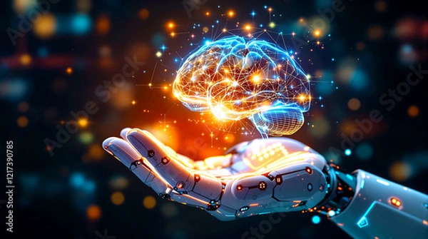 Fototapeta glowing robotic hand holding a holographic brain, representing artificial intelligence,Digital Mind