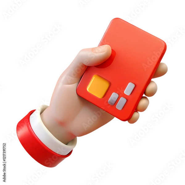 Fototapeta 3D illustration of a hand holding a red credit card with a chip, symbolizing digital payments, banking, and finance..