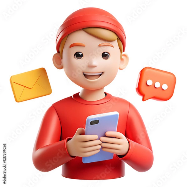 Obraz 3D illustration of a cheerful boy in red holding a smartphone, surrounded by email and chat icons, symbolizing communication..