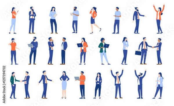Obraz Office and business people vector characters - Set of various corporate men and women businesspeople standing working, using computers, talking and being professional. Flat design on white background