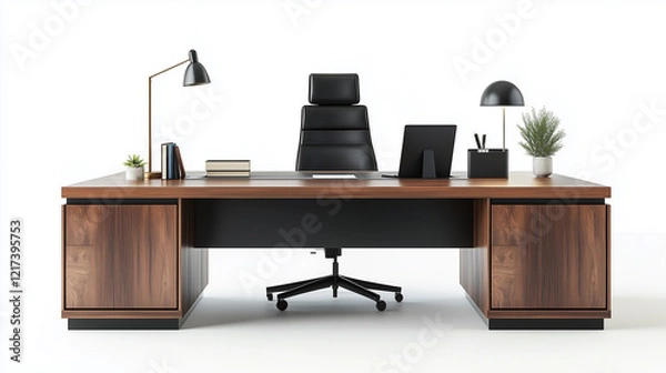 Obraz Elegant executive wooden desk with chair and lamp isolated on white background for office design