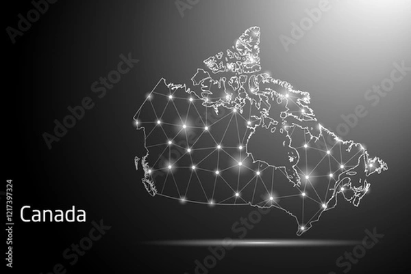 Obraz Abstract Mash Line and Point Scales on The Dark Gradient Background With Map of Canada. 3D Mesh Polygonal Network Connections. Vector illustration eps 10.	
