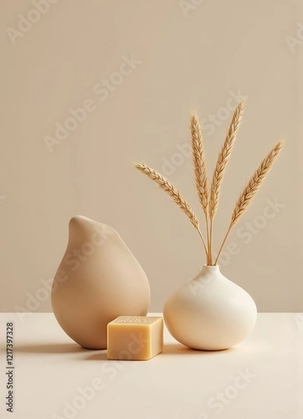 Obraz Vases and wheat stalks with a bar of soap on a surface