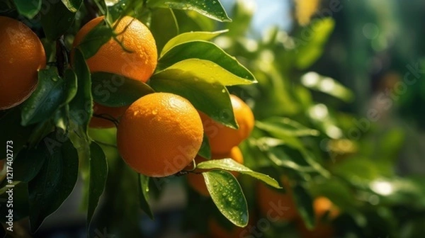 Fototapeta Close-Up of Fresh Oranges on a Branch with Lush Green Leaves Glimmering in Sunlight, Capturing Nature's Beauty and Juicy Fruit Bliss in a Lively Outdoor Setting
