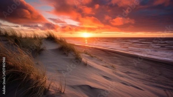 Fototapeta Sunset Over Serene Ocean Waves and Sandy Dunes, Showcasing Dramatic Clouds Illuminated by Warm Tones and Vibrant Colors in the Evening Sky