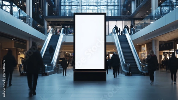 Obraz Front view mock up of a vertical blank billboard in the mall with people walking, with empty space for an advertising banner