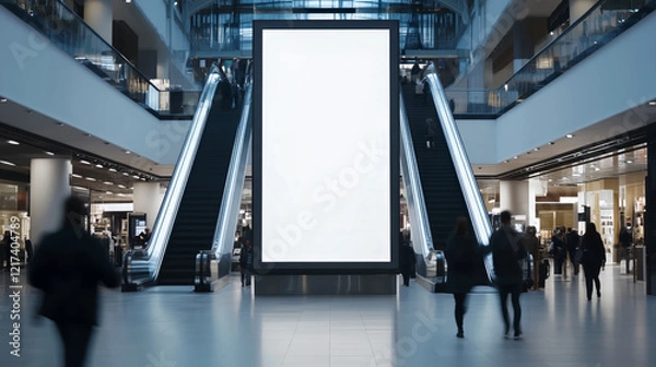 Fototapeta Front view mock up of a vertical blank billboard in the mall with people walking, with empty space for an advertising banner
