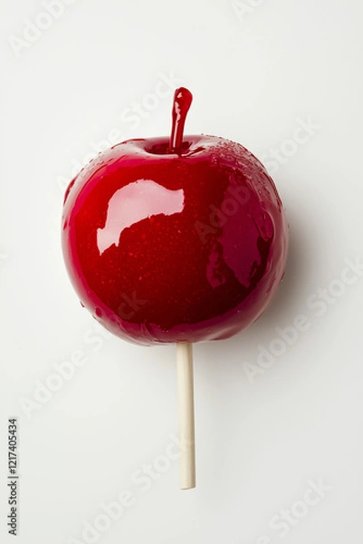 Fototapeta glazed red candy apple with wooden stick on a white background, view from top