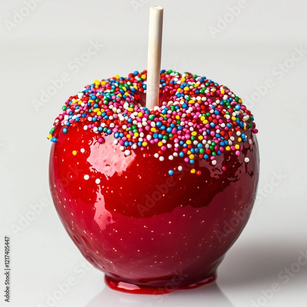 Fototapeta candy apple with glaze and rainbow sugar sparkles, on a white background