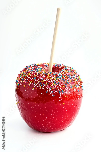 Fototapeta red candy apple with rainbow sugar sparkles and a stick on top, isolated on a white background