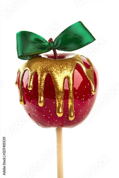 Fototapeta red candy apple on a stick with dripping golden glaze isolated on a white background