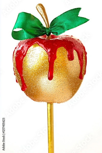Fototapeta golden candy apple on a glitter stick with red glaze dripping, isolated on white background
