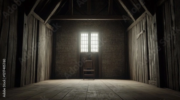 Fototapeta Empty wooden room with a single chair illuminated by sunlight through a window