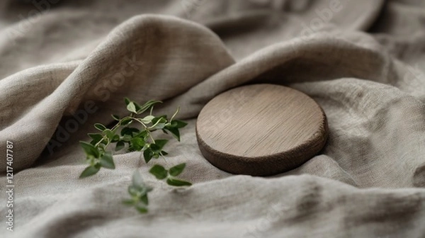 Fototapeta Wooden display, linen backdrop, greenery, product photography