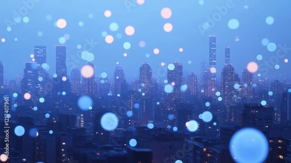 Fototapeta Airborne PM2.5 particles illustrated as glowing orbs in a polluted cityscape, artistic visualization of air quality issues.