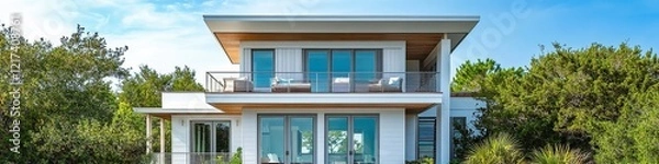 Fototapeta  Beach house with airy white exterior, open-plan design visible through floor-to-ceiling windows. Small upper balcony and light gray shutters give it coastal charm.