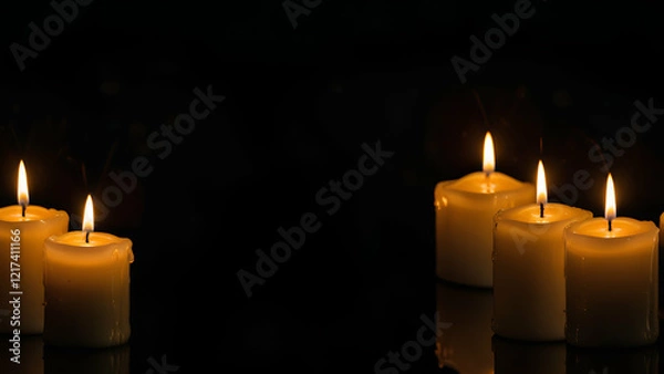 Fototapeta Glowing candles in the dark creating warm cozy light with peaceful ambience and elegant home decor.