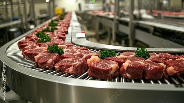 Fototapeta food safety concept. Conveyor belt with fresh meat cuts in a processing facility.