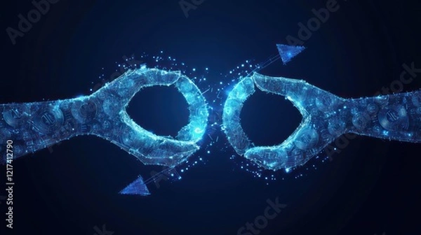 Obraz Abstract polygonal hands connecting, digital network.