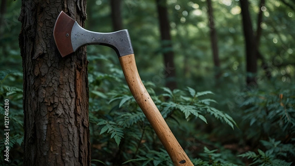 Fototapeta Wooden Table with Axe and Tools in Forest Environment
