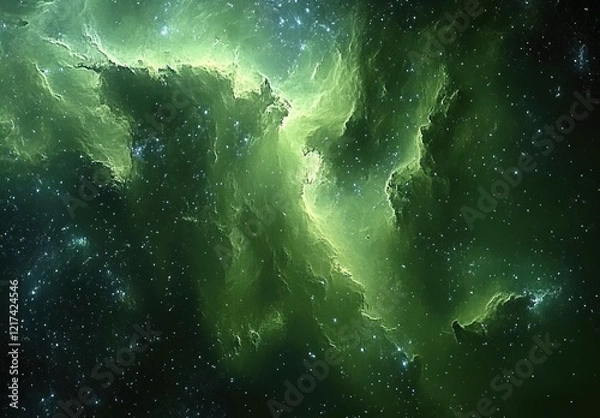 Fototapeta green nebula in space, green glowing stars, green gas cloud, space background, space wallpaper