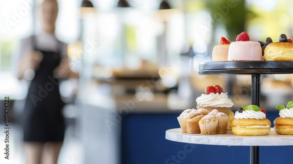 Fototapeta cozy cafe display featuring delicious pastries and desserts, inviting sweet experience