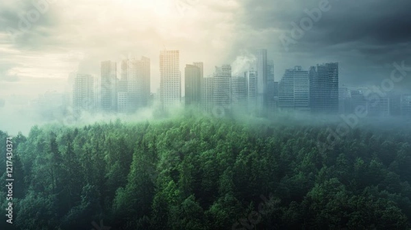 Fototapeta Forest transitioning from green to gray smog-filled air, environmental destruction and pollution awareness concept.