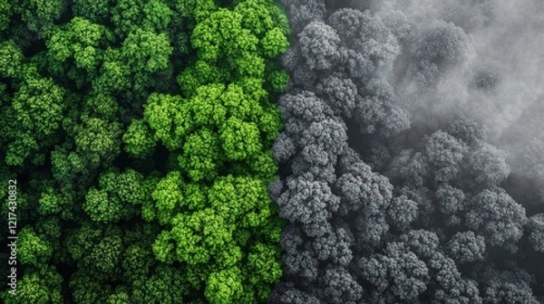 Fototapeta Forest transitioning from green to gray smog-filled air, environmental destruction and pollution awareness concept.