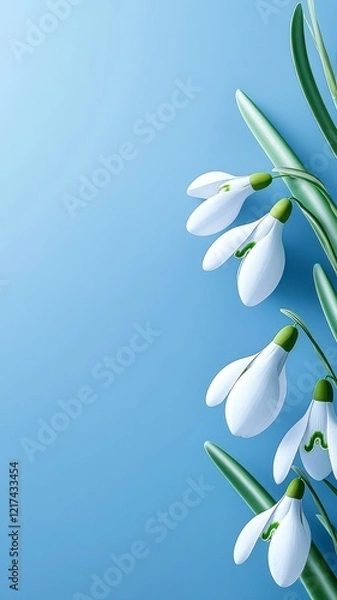 Fototapeta Spring snowdrops flowers minimal concept. A serene image featuring delicate white snowdrop flowers against a soft blue background, evoking a sense of calm and beauty.