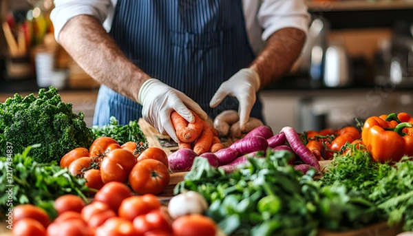 Fototapeta Fresh vegetables, fruits on table and scientist proceeding quality control in laboratory