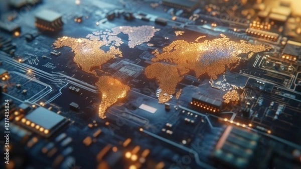 Fototapeta A 3D rendering of a world map integrated into a circuit board design.