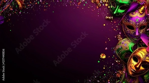 Obraz Colorful Mardi Gras masks and confetti border. Festive celebration background for invitations or banners